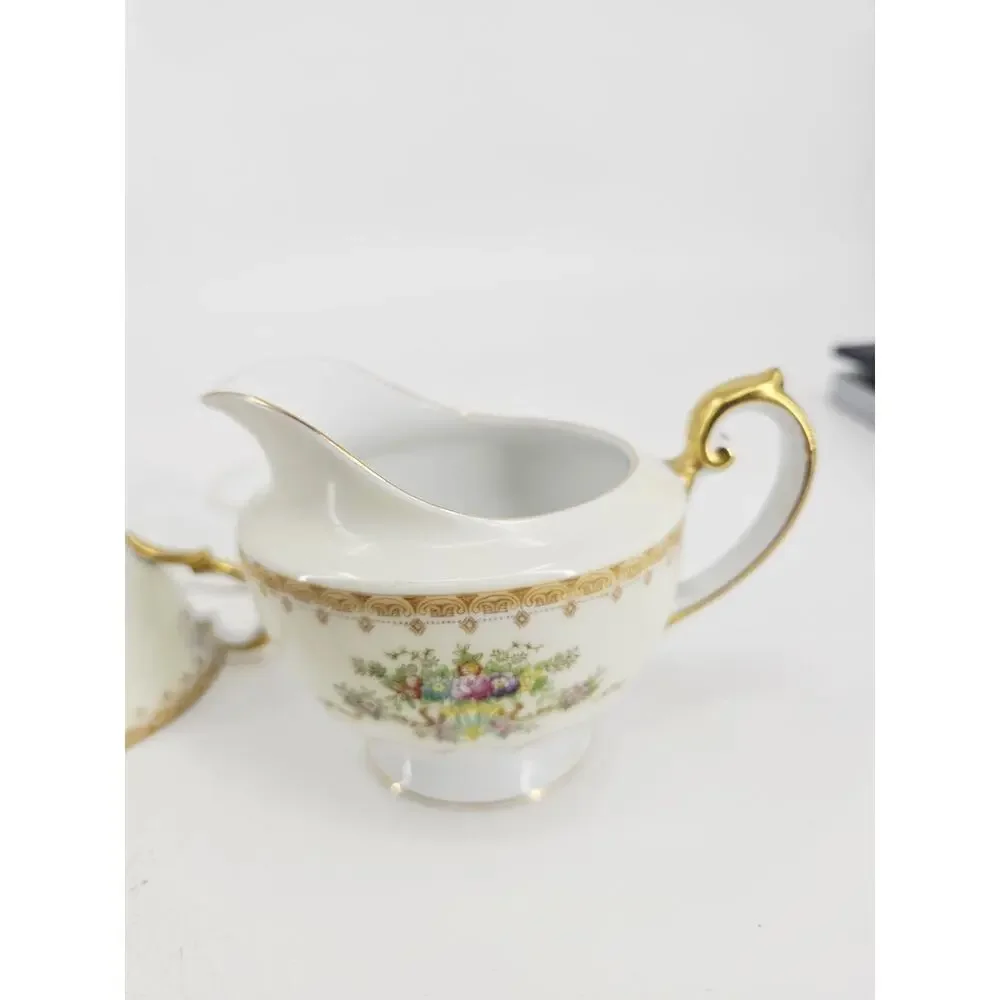 Meito Jewel Floral & Gold Pattern Set Of 2 Cups & Saucers & Creamer Japan